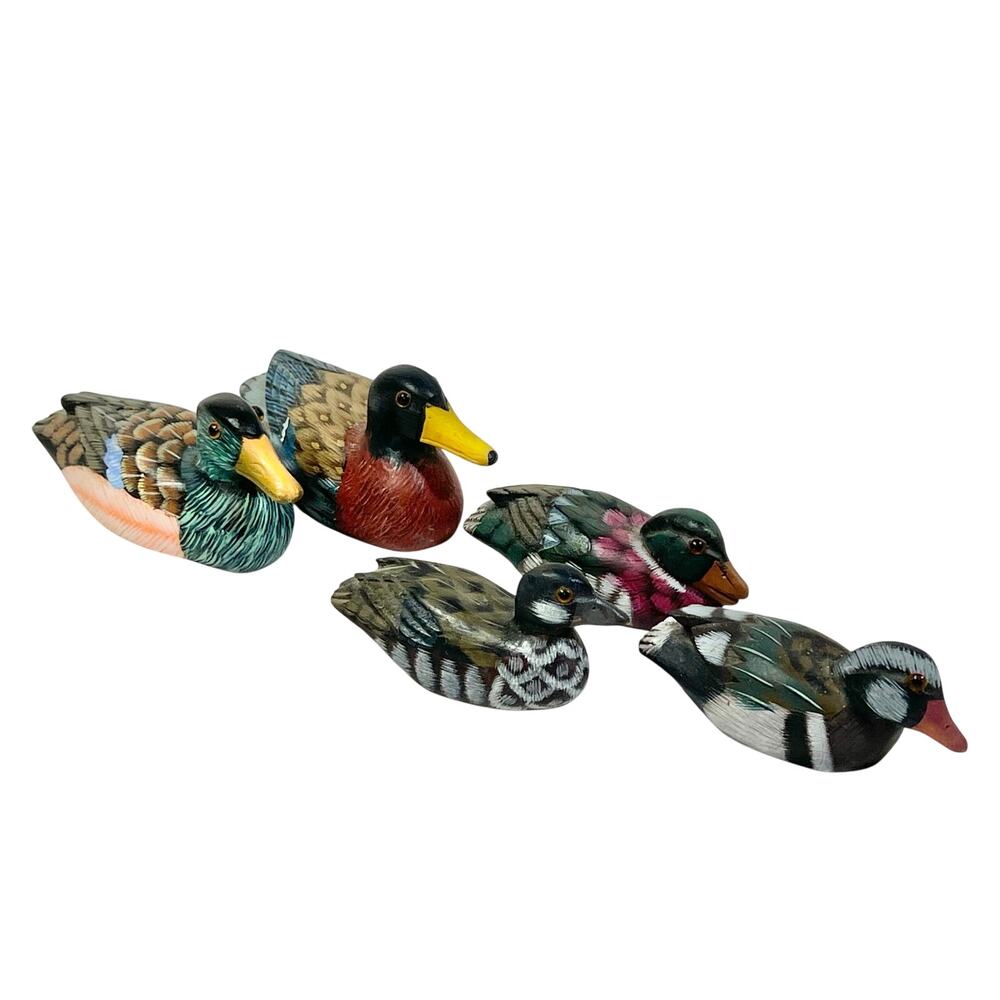 Vintage Hand Carved Wood Duck Decoy Figurines Lot Painted Mallard Miniature 5pc